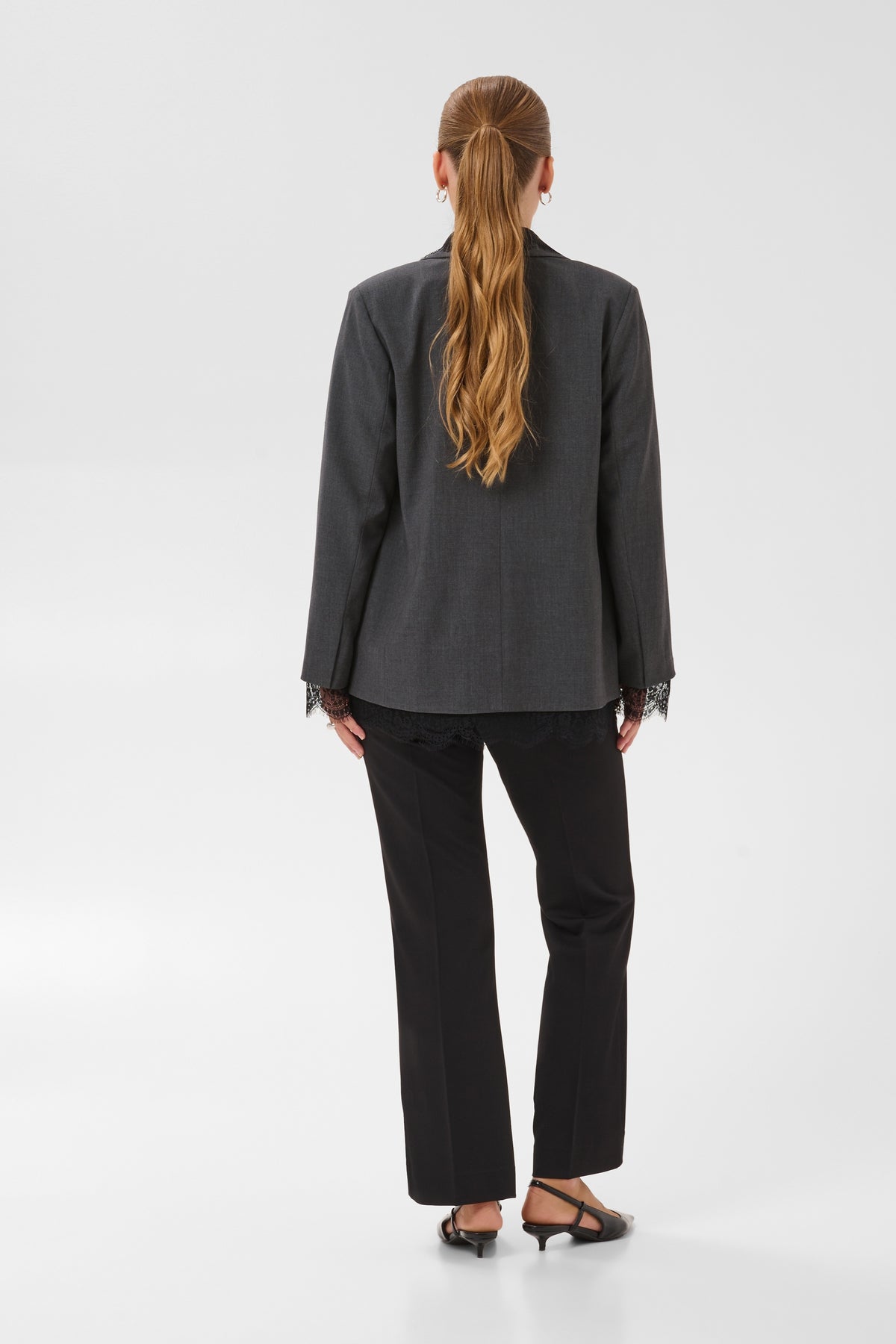 Kaffe Karielle Grey Melange Single Breasted Blazer with Lace Detailing, 10512351