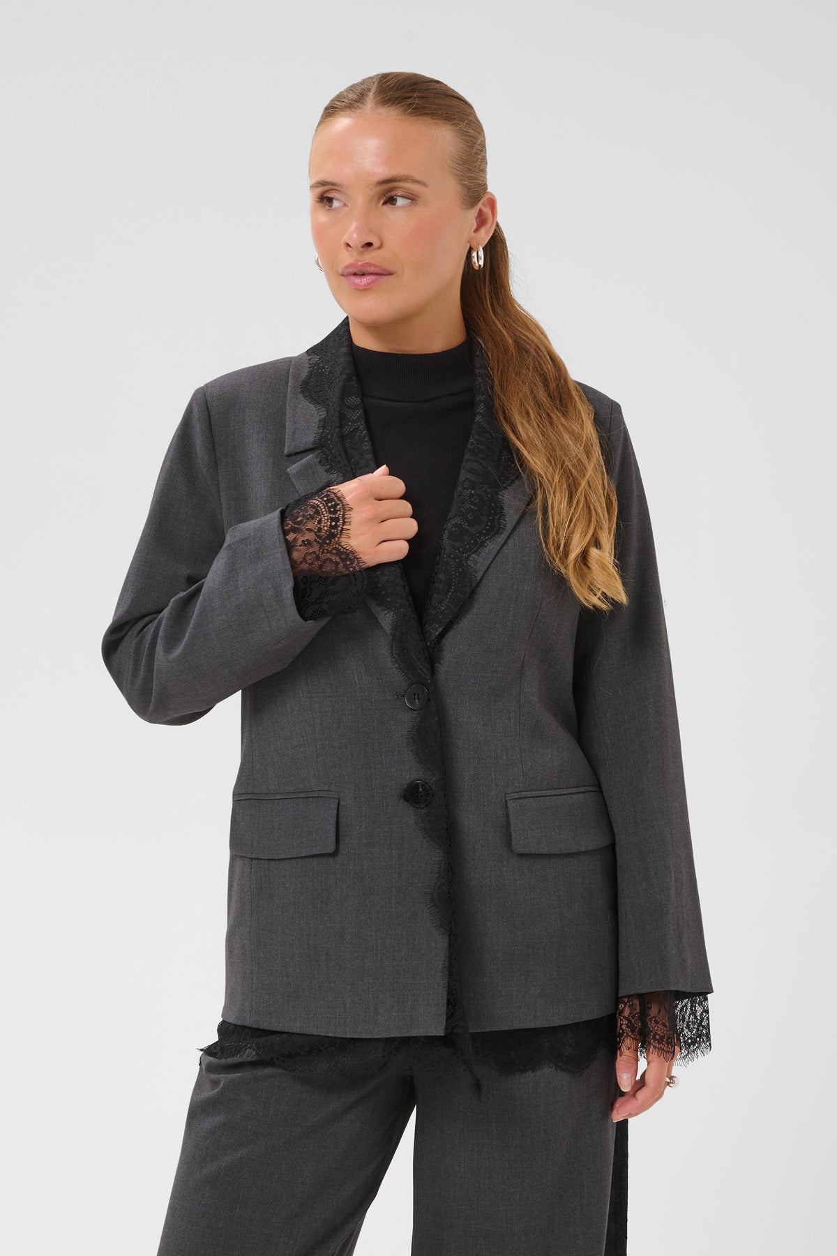 Kaffe Karielle Grey Melange Single Breasted Blazer with Lace Detailing, 10512351