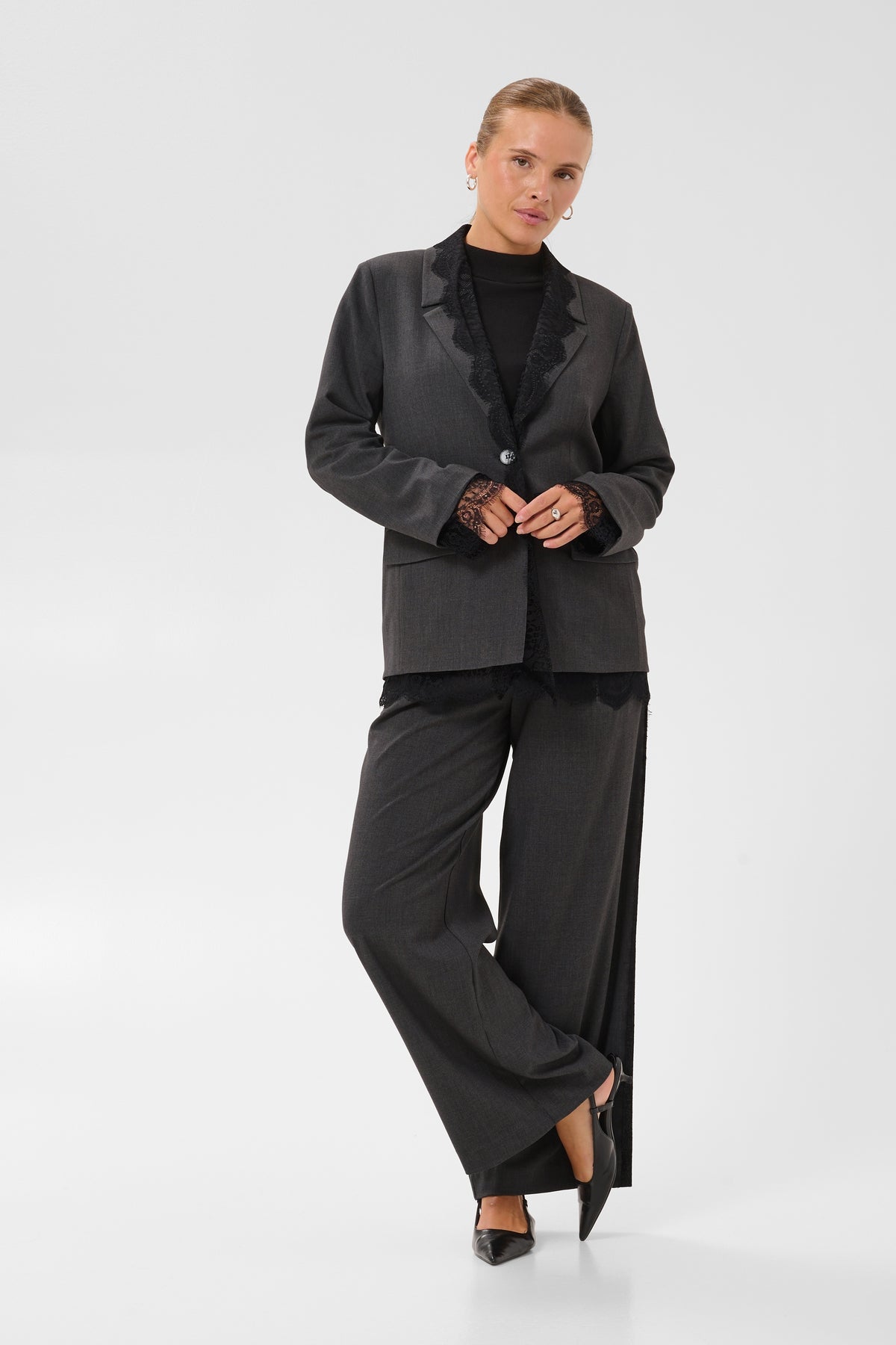 Kaffe Karielle Grey Melange Highwaisted Wide Leg Trousers with Lace Detailing