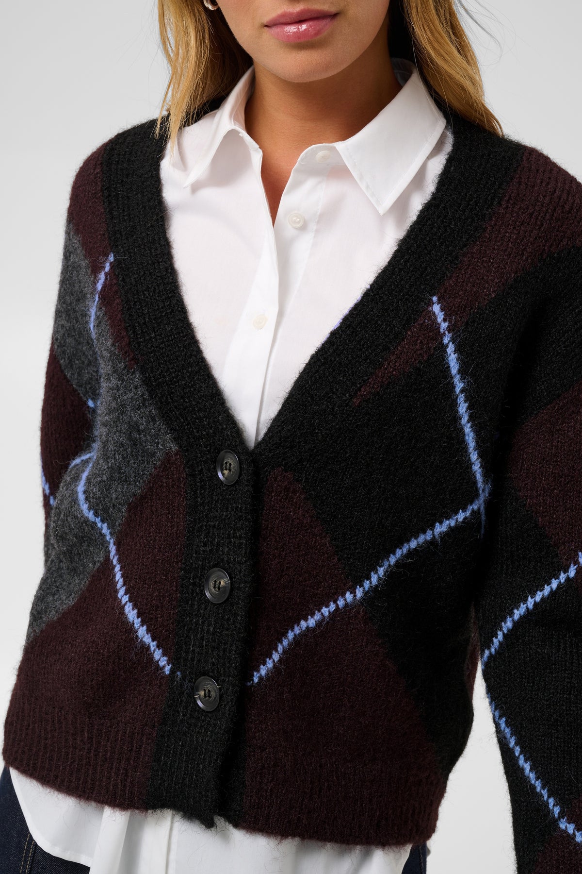 Kaffe Kagrith Dark Grey/Fudge Argyle Knit Cardigan, 10512617