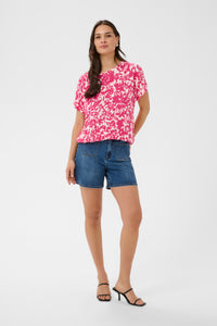 Kaffe Kalokia Beetroot Fuchsia Floral Print Elasticated Hem Blouse, 10551852