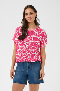 Kaffe Kalokia Beetroot Fuchsia Floral Print Elasticated Hem Blouse, 10551852