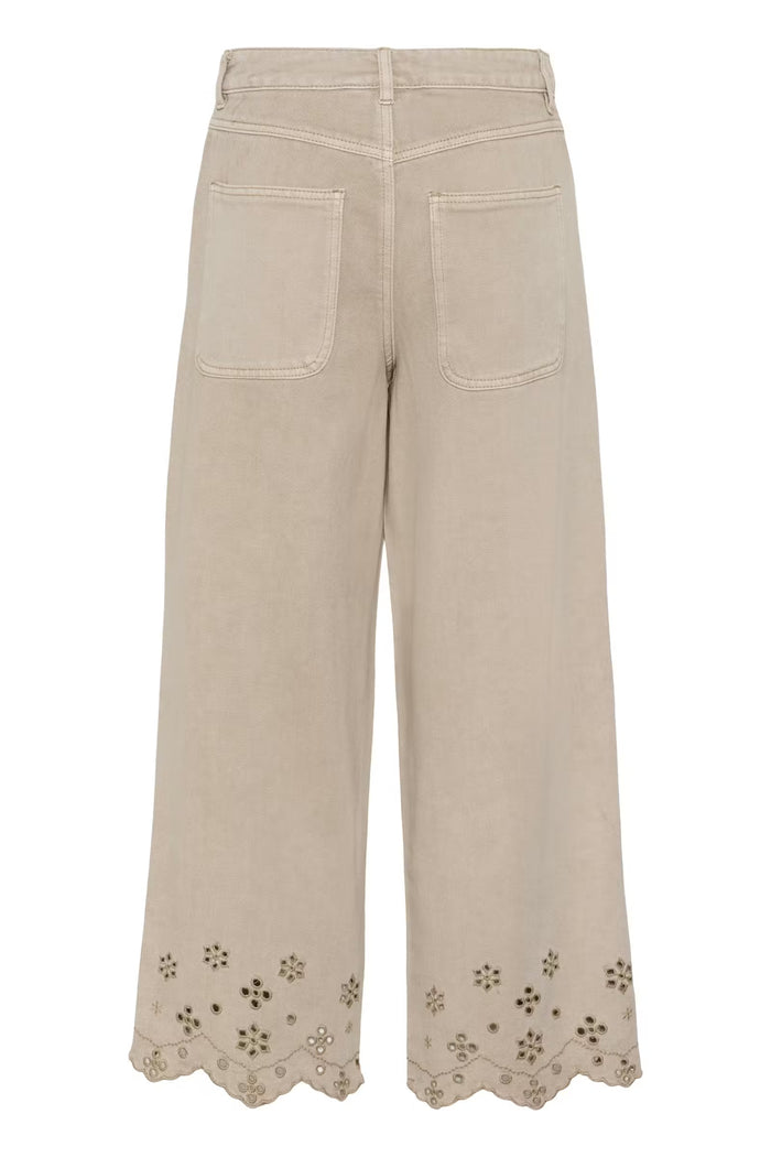 KAFFE Kamimi Feather Beige Broderie Anglaise Cropped Wide Leg Jeans