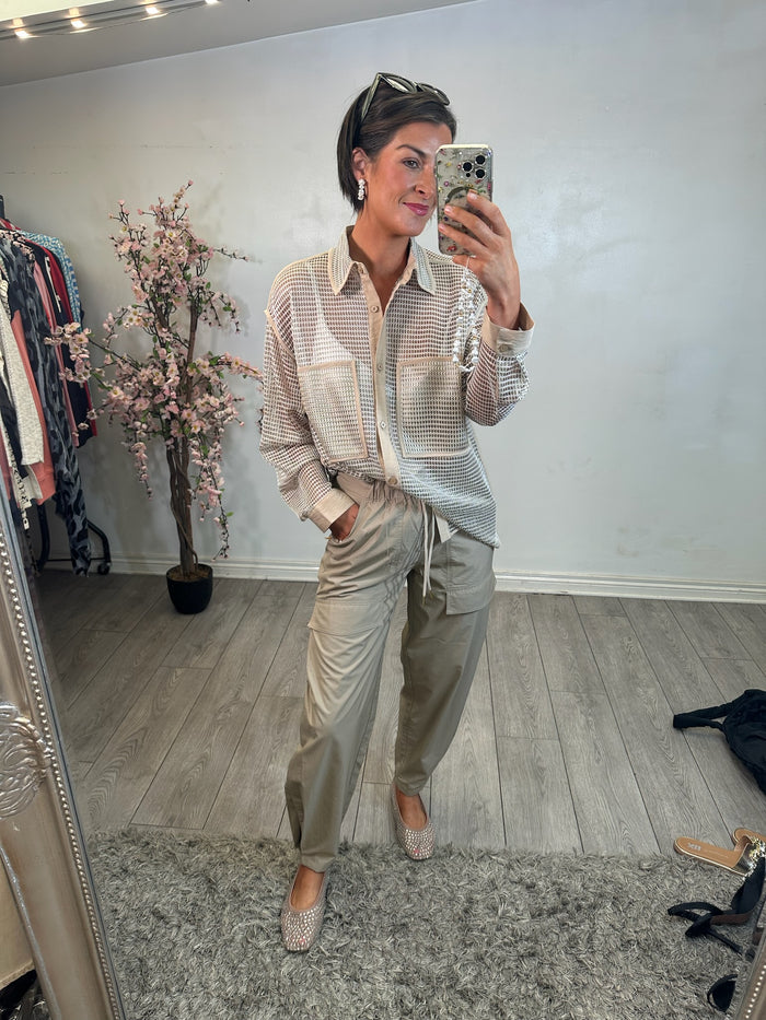 Access Fashion Beige Oversized Longline Mesh Shirt