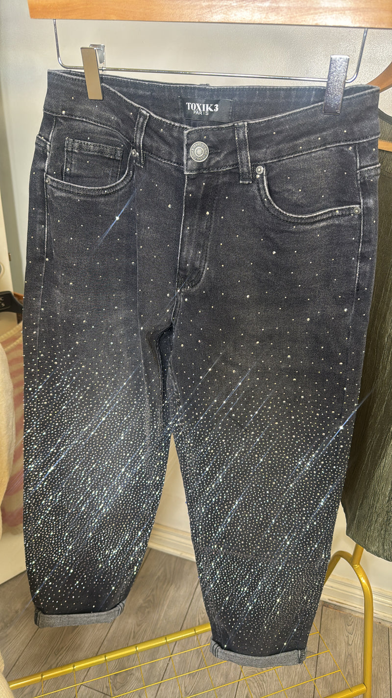 Toxik Highwaisted Boyfriend Charcoal Black Embellished Cropped Jeans