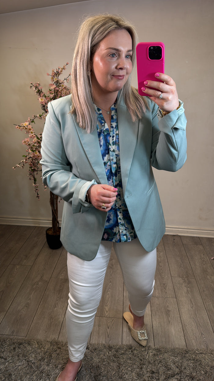 Garcia Blue Wave V-Neck Blouse with Ruffle Shoulders