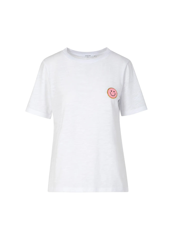 Coster Copenhagen White T-Shirt with Pink Embroidered Smiley Face