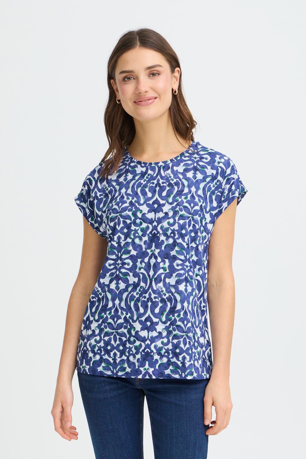 Fransa FrSeen Cobalt Navy Blue Printed T-Shirt