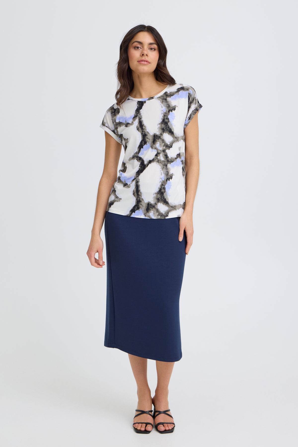 Fransa FrSeen Marble Hydrangea Blue Printed T-Shirt, 20610634