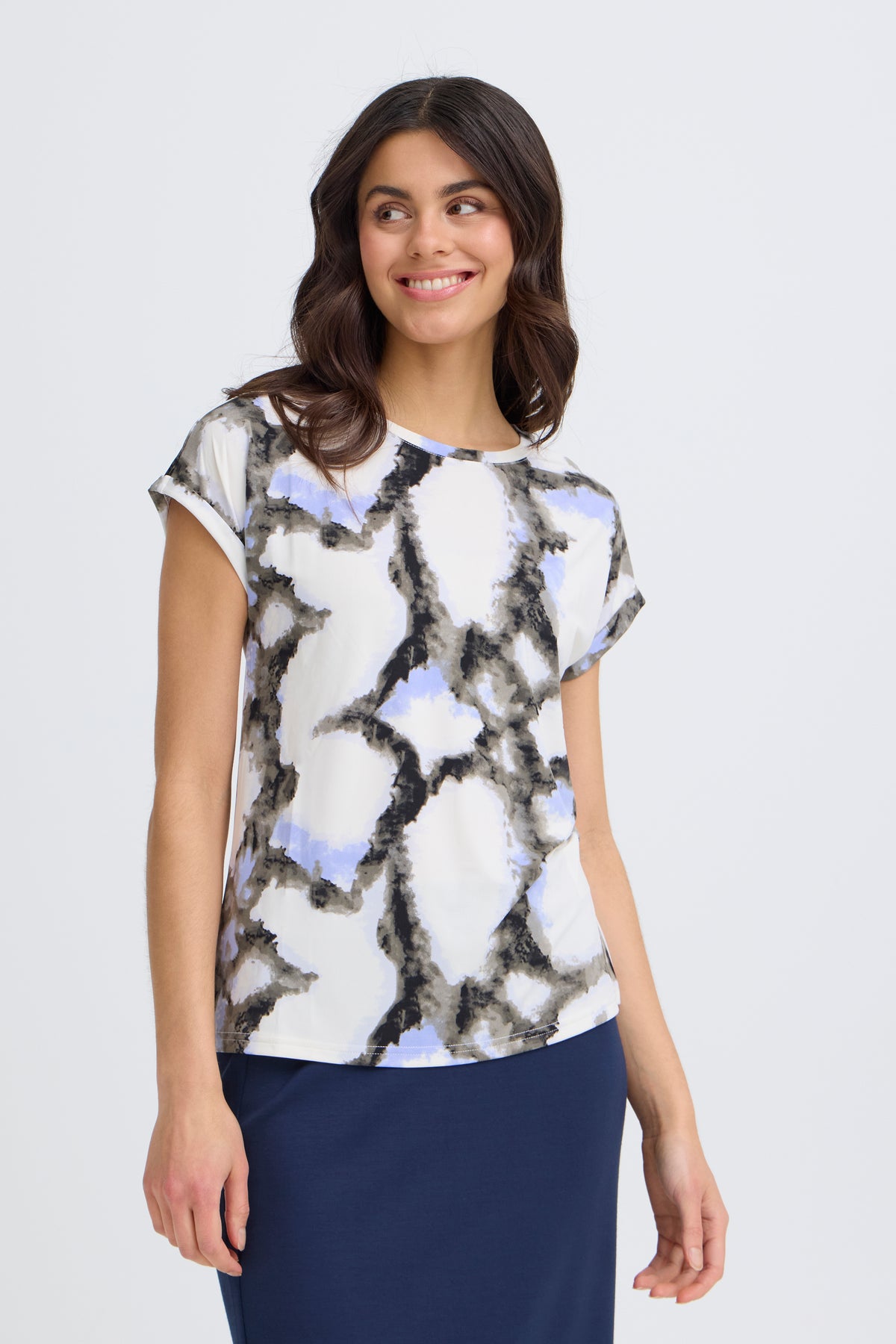 Fransa FrSeen Marble Hydrangea Blue Printed T-Shirt, 20610634