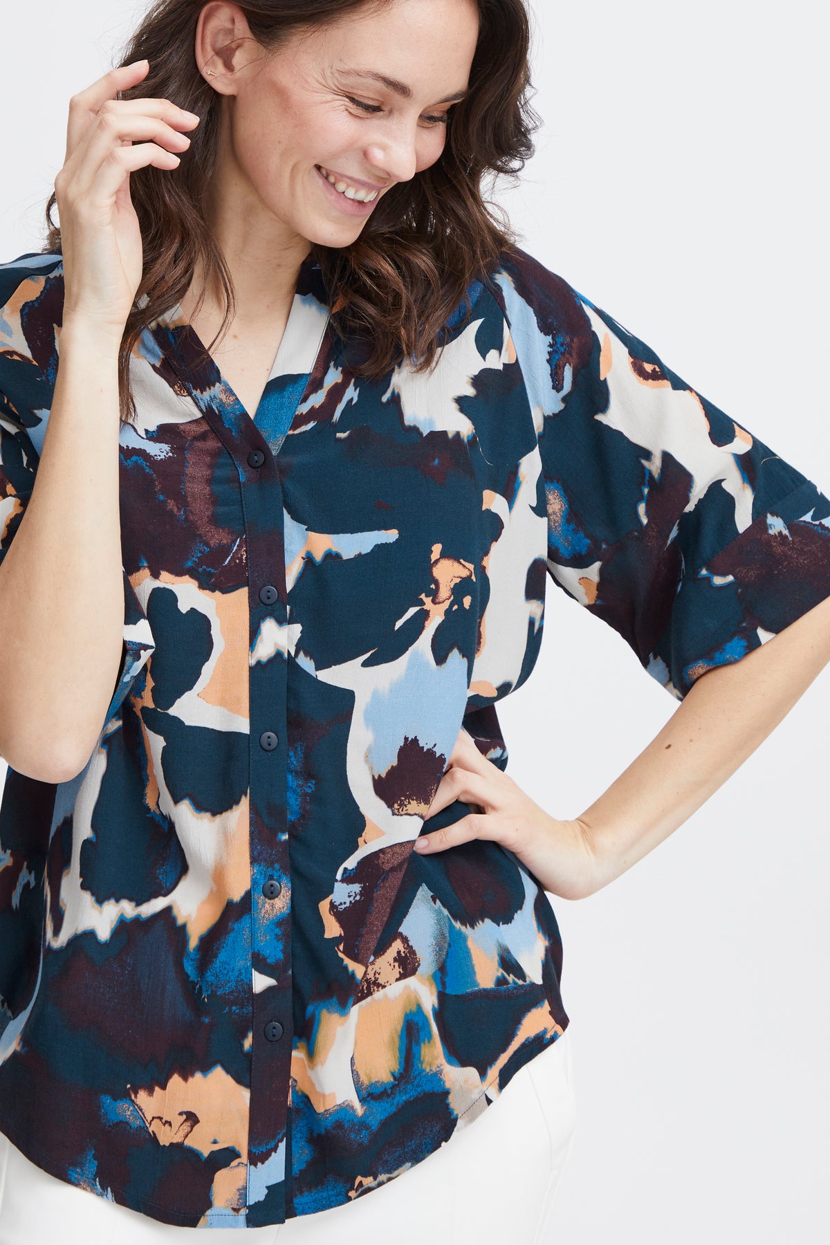 Fransa FrTaya Beaucoup Blue Abstract Printed Oversized Blouse, 20613531