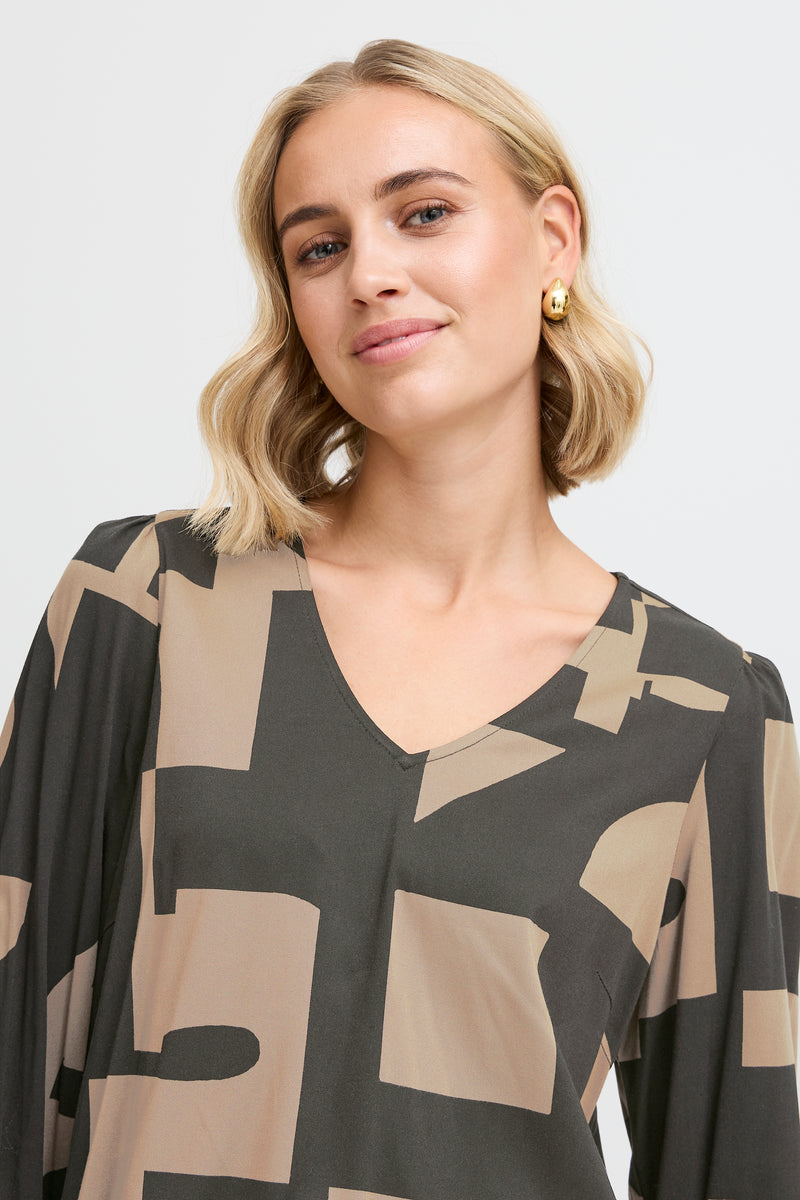 Fransa FrNatali Walnut Abstract Printed V-Neck Blouse, 20614110