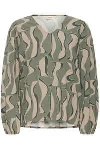 Fransa FrJustini Dusty Olive Abstract Printed V-Neck Blouse, 20616016