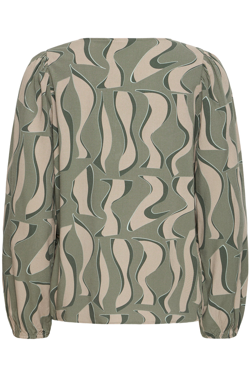 Fransa FrJustini Dusty Olive Abstract Printed V-Neck Blouse, 20616016
