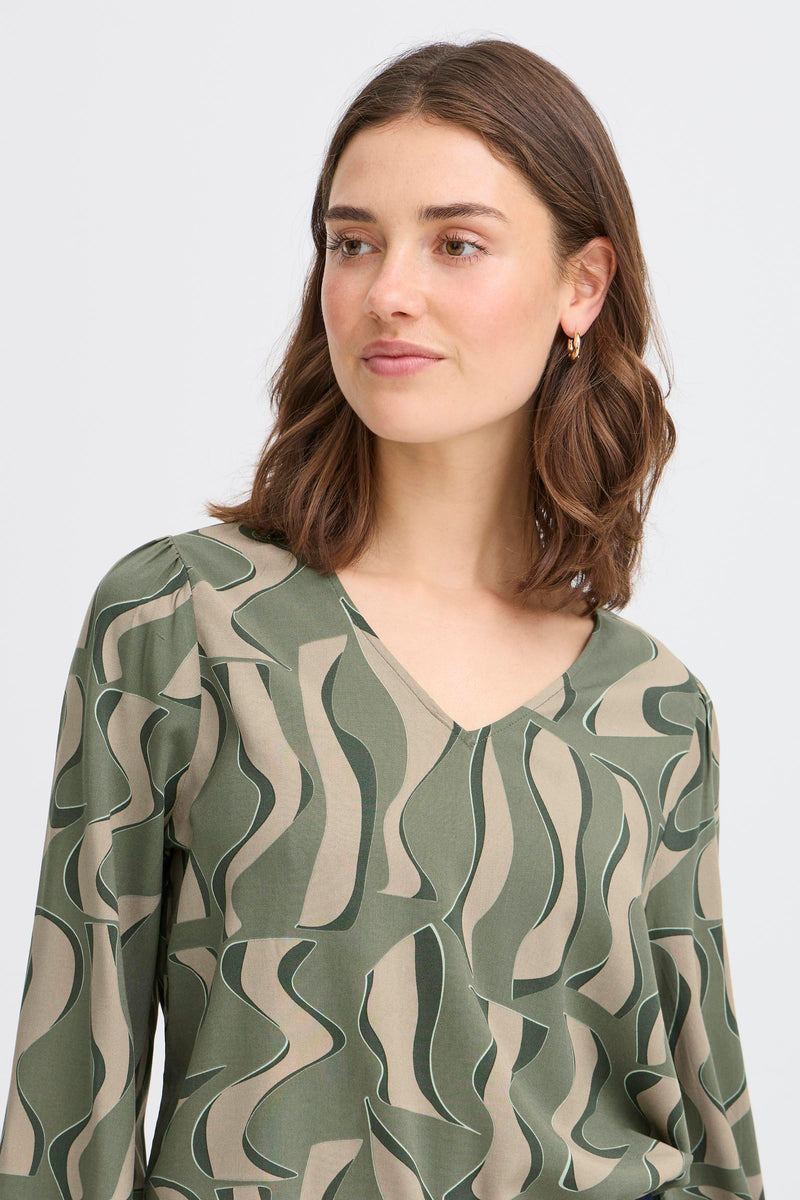 Fransa FrJustini Dusty Olive Abstract Printed V-Neck Blouse, 20616016