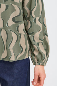 Fransa FrJustini Dusty Olive Abstract Printed V-Neck Blouse, 20616016