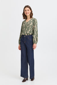 Fransa FrJustini Dusty Olive Abstract Printed V-Neck Blouse, 20616016