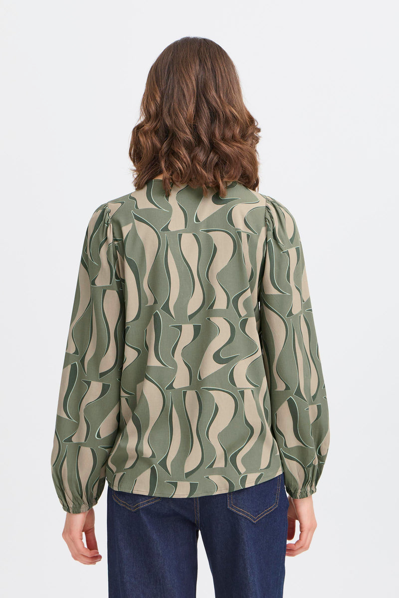 Fransa FrJustini Dusty Olive Abstract Printed V-Neck Blouse, 20616016