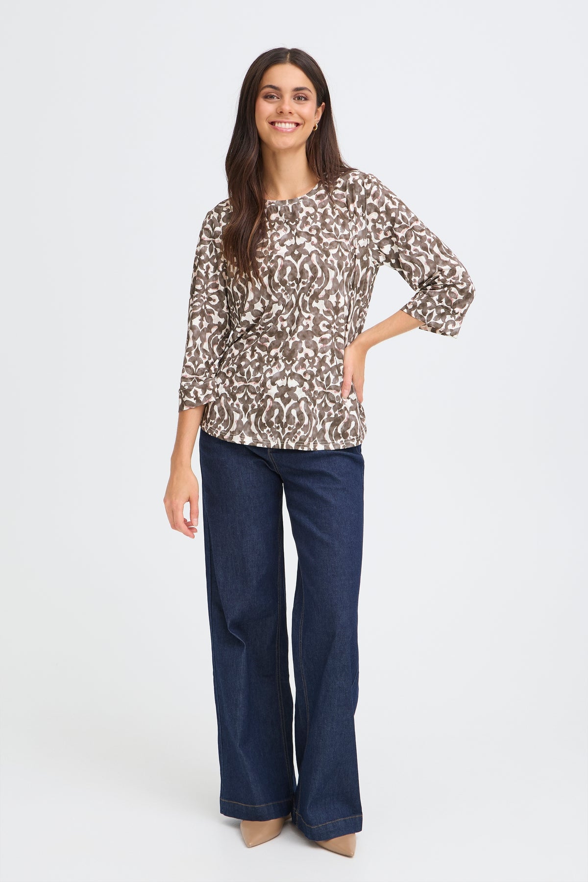 Fransa FrSeen Smokey Olive Abstract Print 3/4 Sleeve Top, 20617416