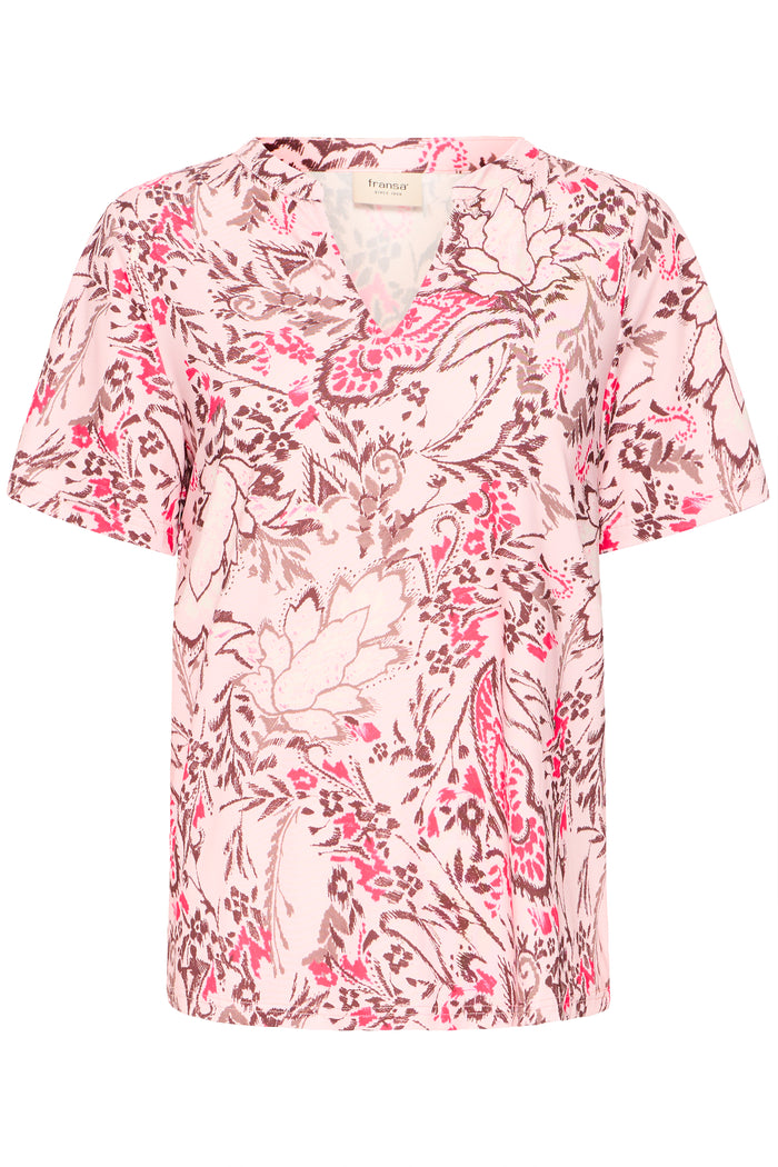 Fransa FrSeen Lotus Pink Floral Print V-Neck T-Shirt, 20617629