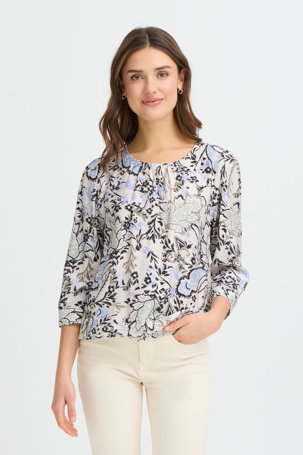 Fransa FrAriana Sage Green Floral Elasticated Waistband Blouse, 20617659