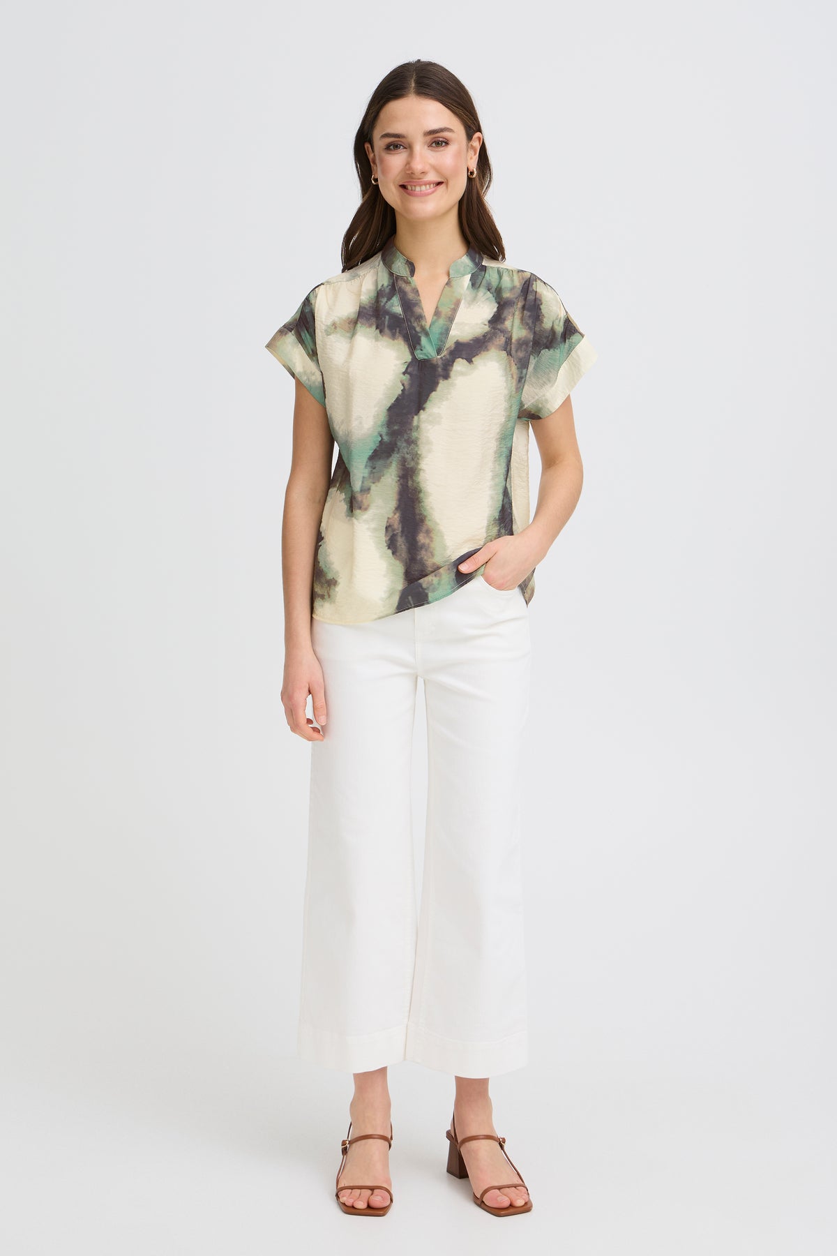 Fransa FrAyla Marble Creme de Menthe Printed V-Neck Blouse