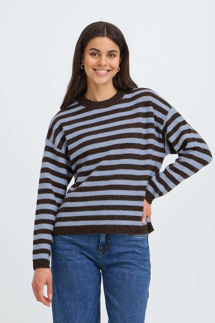 Fransa FrIdaa Fudge Chocolate/Baby Blue Striped Supersoft Knit, 20618351