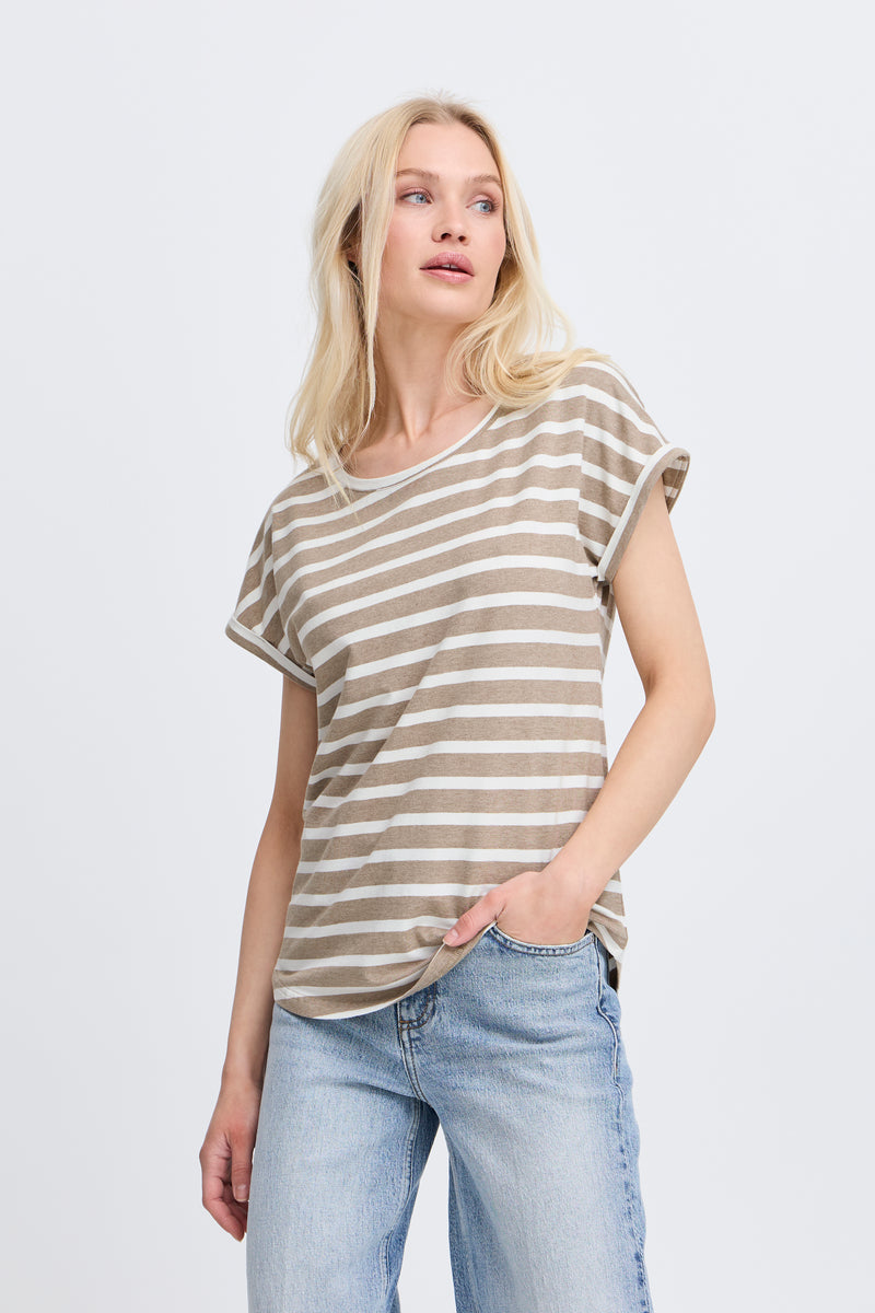 B.Young ByPamila Chinchilla Beige Melange Stripe T-Shirt, 20809561