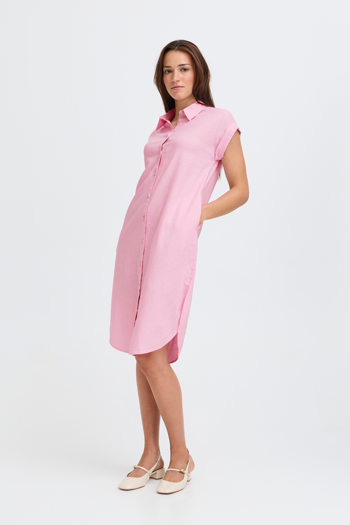 B.Young ByFalakka Parfait Pink Short Sleeve Linen Blend Midi Dress, 20814553