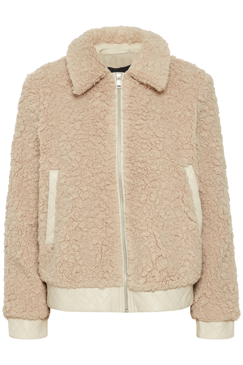 B.Young ByAnama Humus Melange Beige Teddy Jacket with Faux Leather Trim, 20815147