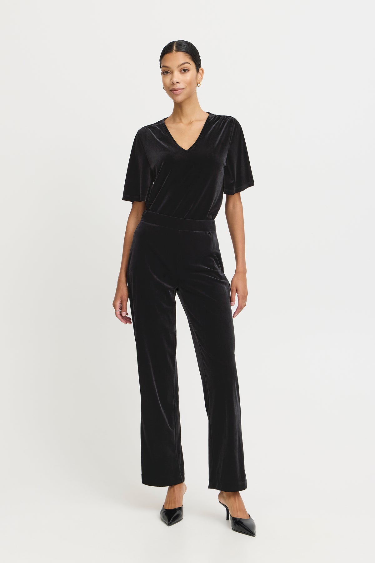 B.Young ByPerlina Black Velvet Highwaisted Wide Leg Trousers, 20815933