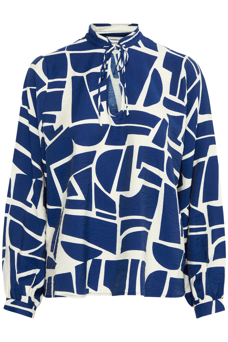 B.Young Byihamma Medium Blue Geometric Tie Neck Blouse