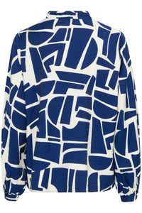 B.Young Byihamma Medium Blue Geometric Tie Neck Blouse