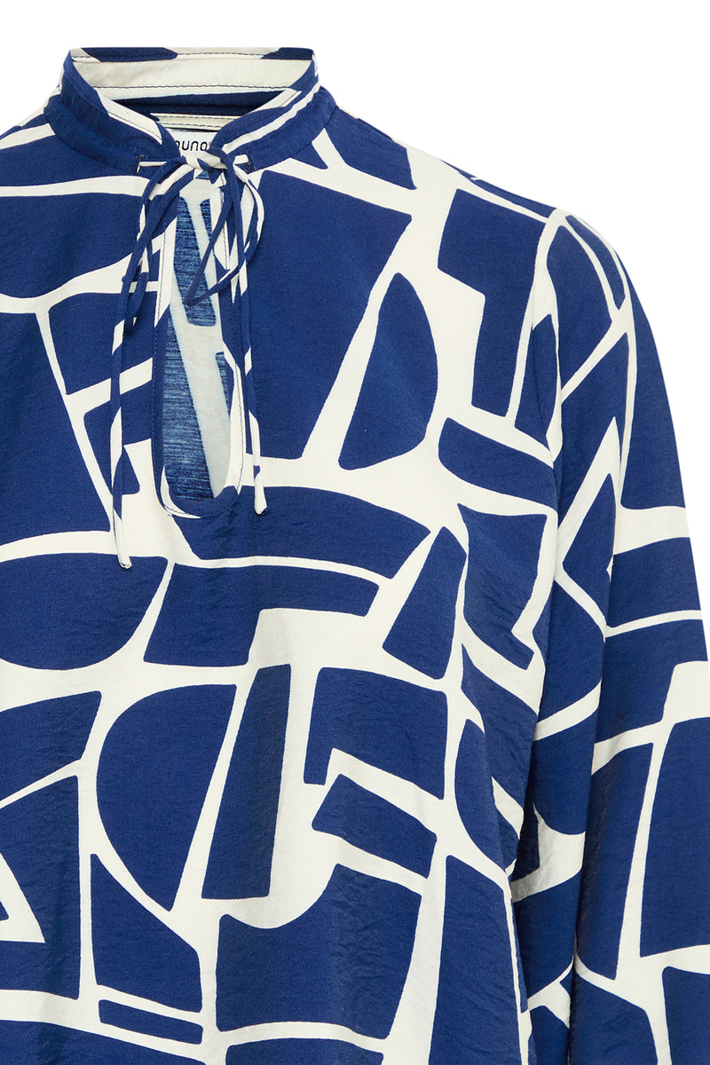 B.Young Byihamma Medium Blue Geometric Tie Neck Blouse