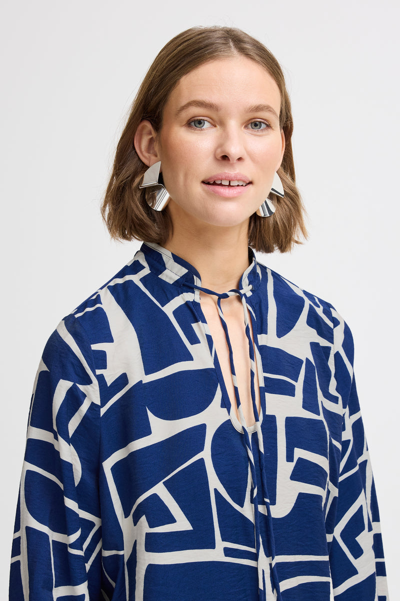 B.Young Byihamma Medium Blue Geometric Tie Neck Blouse