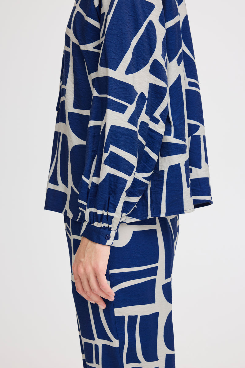 B.Young Byihamma Medium Blue Geometric Tie Neck Blouse