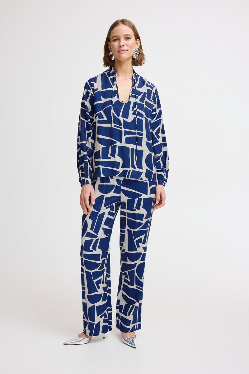 B.Young Byihamma Medium Blue Geometric Tie Neck Blouse