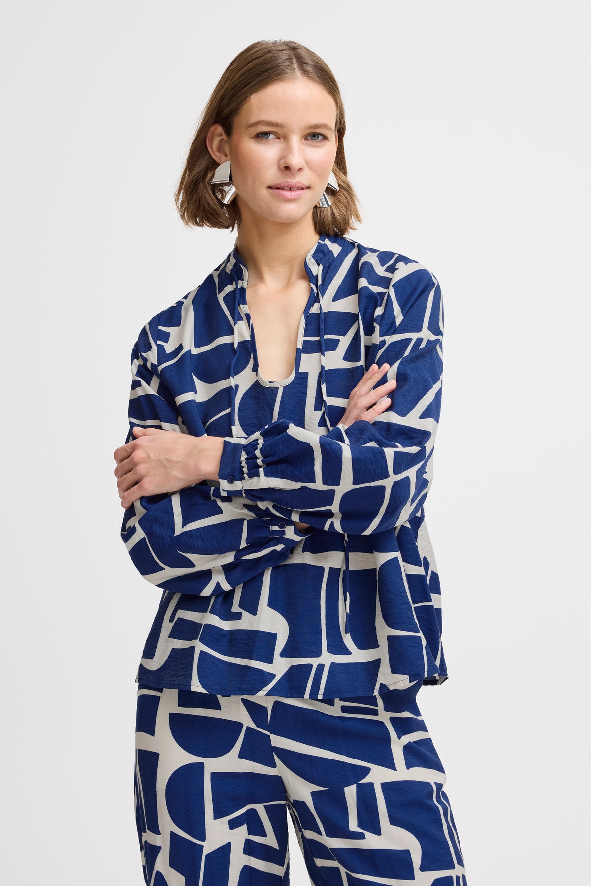 B.Young Byihamma Medium Blue Geometric Tie Neck Blouse