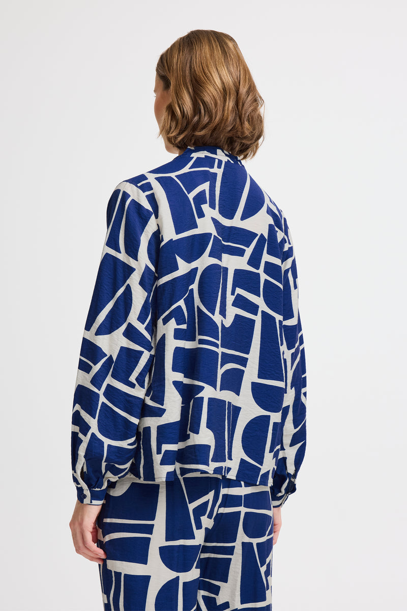 B.Young Byihamma Medium Blue Geometric Tie Neck Blouse