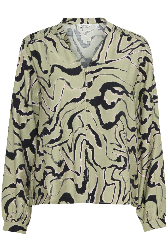 B.Young Byihamma Green Tea Abstract V-Neck Blouse, 20816211