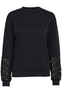 B.Young ByPusti Black Modal Sweatshirt with Lace Sleeves, 20816659