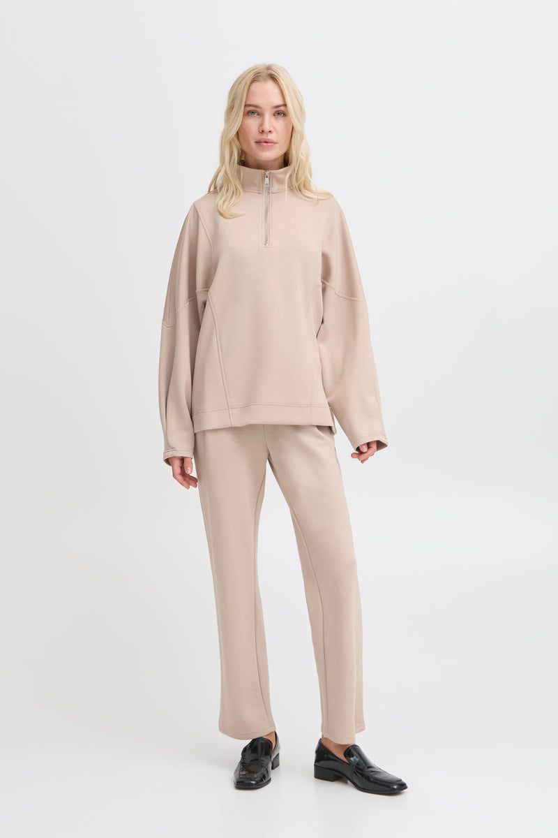 B.Young ByPusti String Beige Modal Oversized Half Zip Sweatshirt