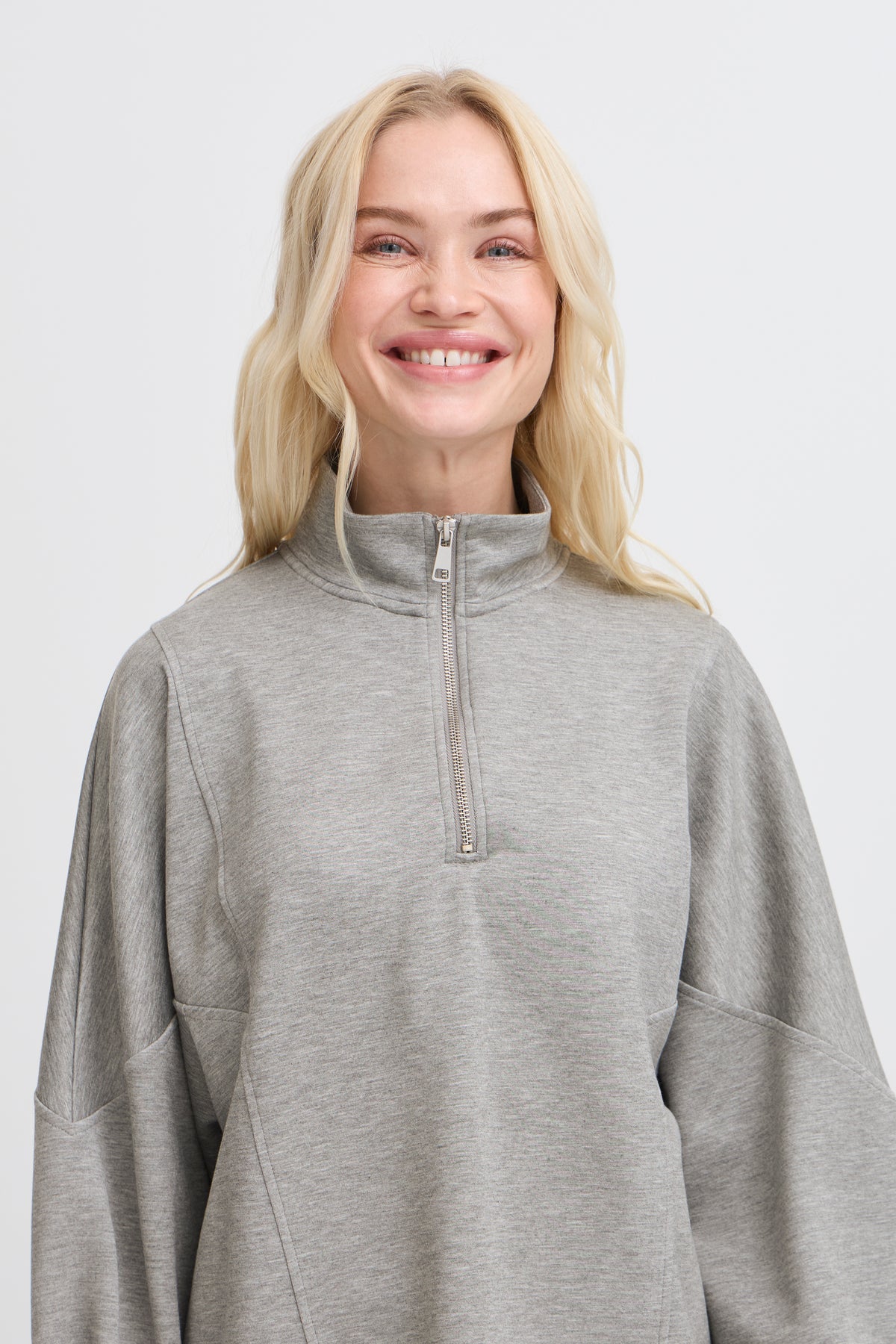 B.Young ByPusti Mid Grey Melange Modal Oversized Half Zip Sweatshirt