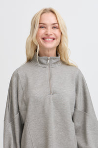 B.Young ByPusti Mid Grey Melange Modal Oversized Half Zip Sweatshirt