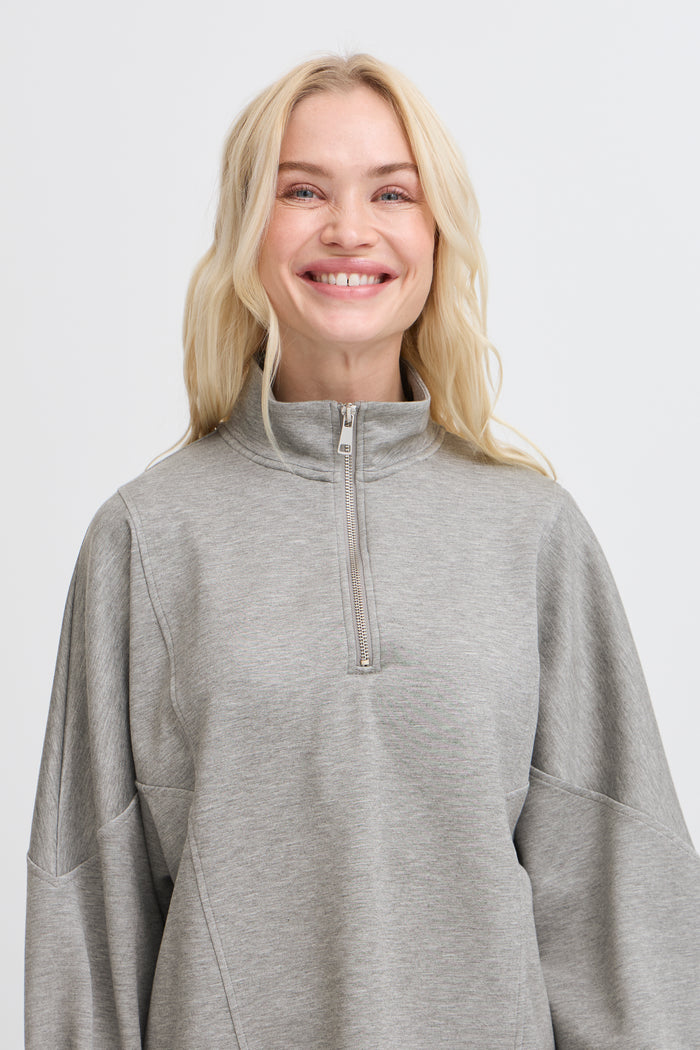 B.Young ByPusti Mid Grey Melange Modal Oversized Half Zip Sweatshirt