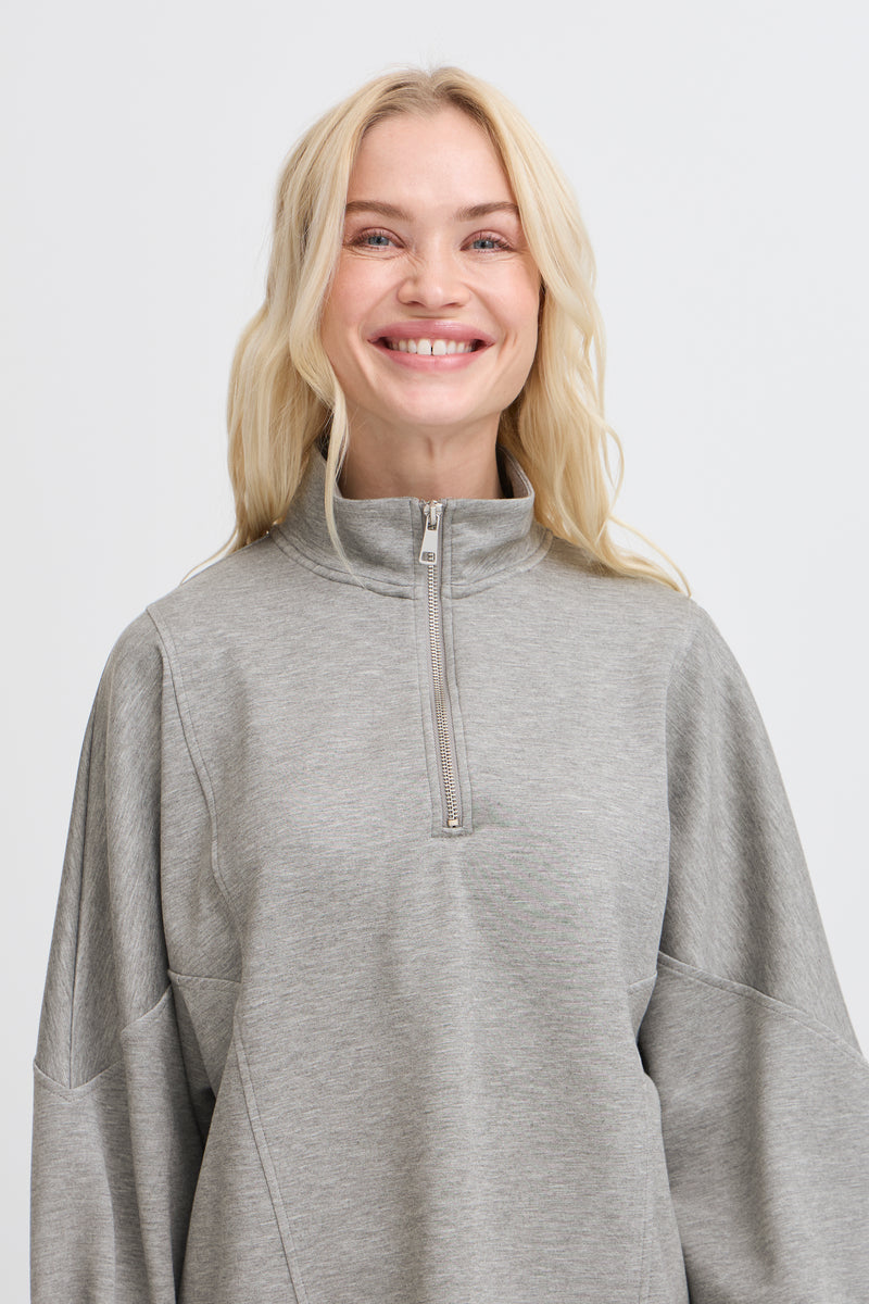 B.Young ByPusti Mid Grey Melange Modal Oversized Half Zip Sweatshirt