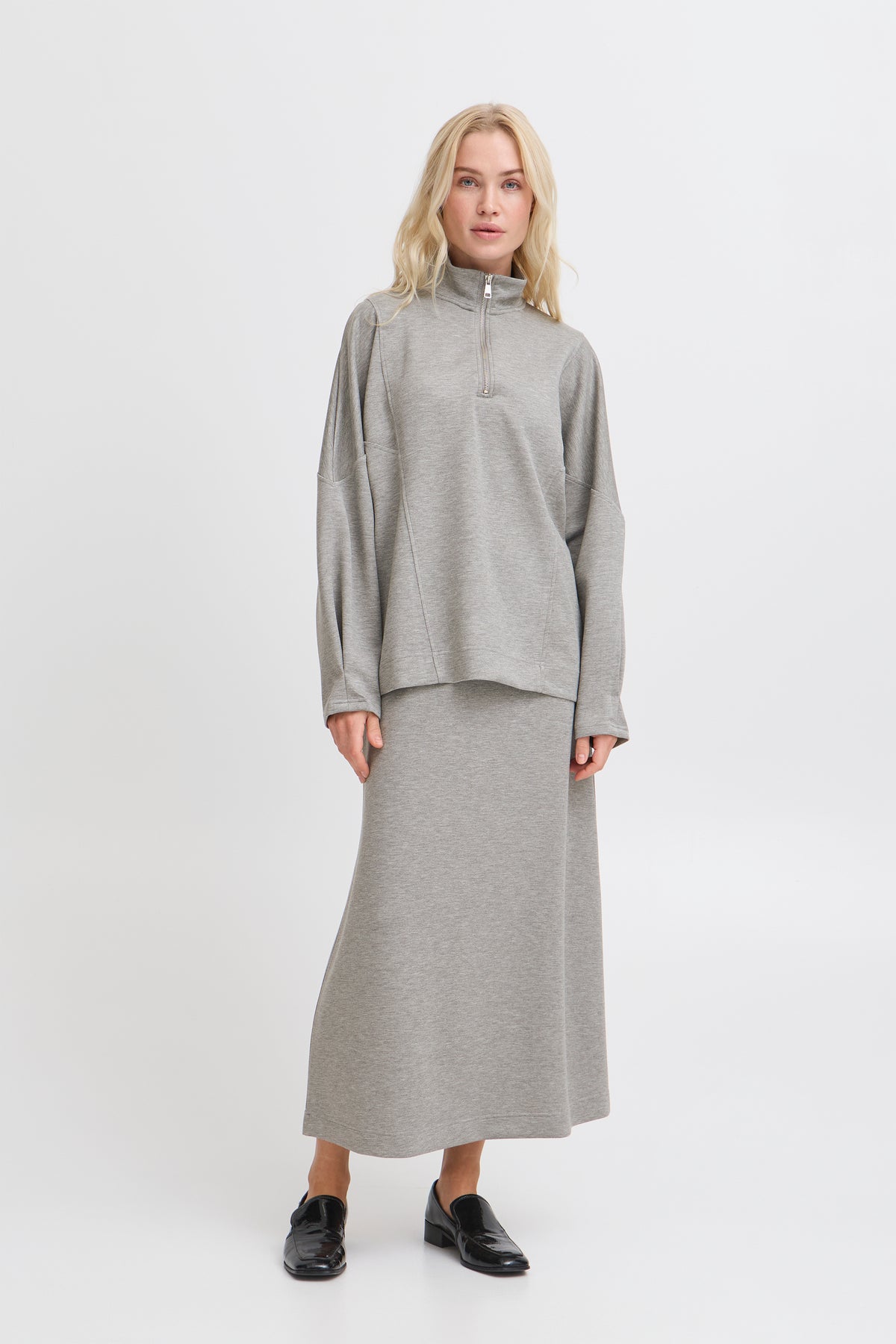 B.Young ByPusti Mid Grey Melange Modal Oversized Half Zip Sweatshirt