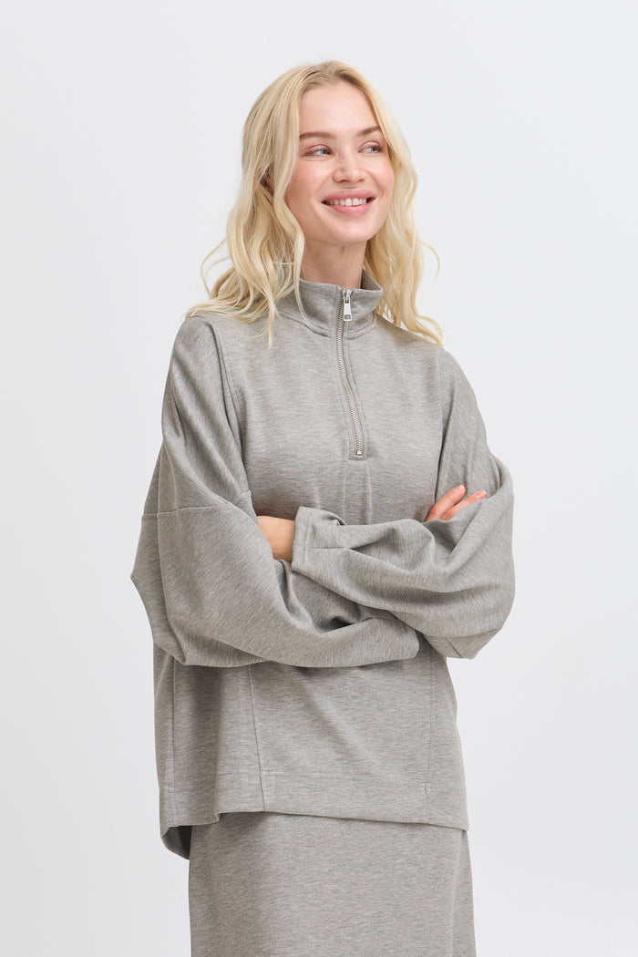 B.Young ByPusti Mid Grey Melange Modal Oversized Half Zip Sweatshirt