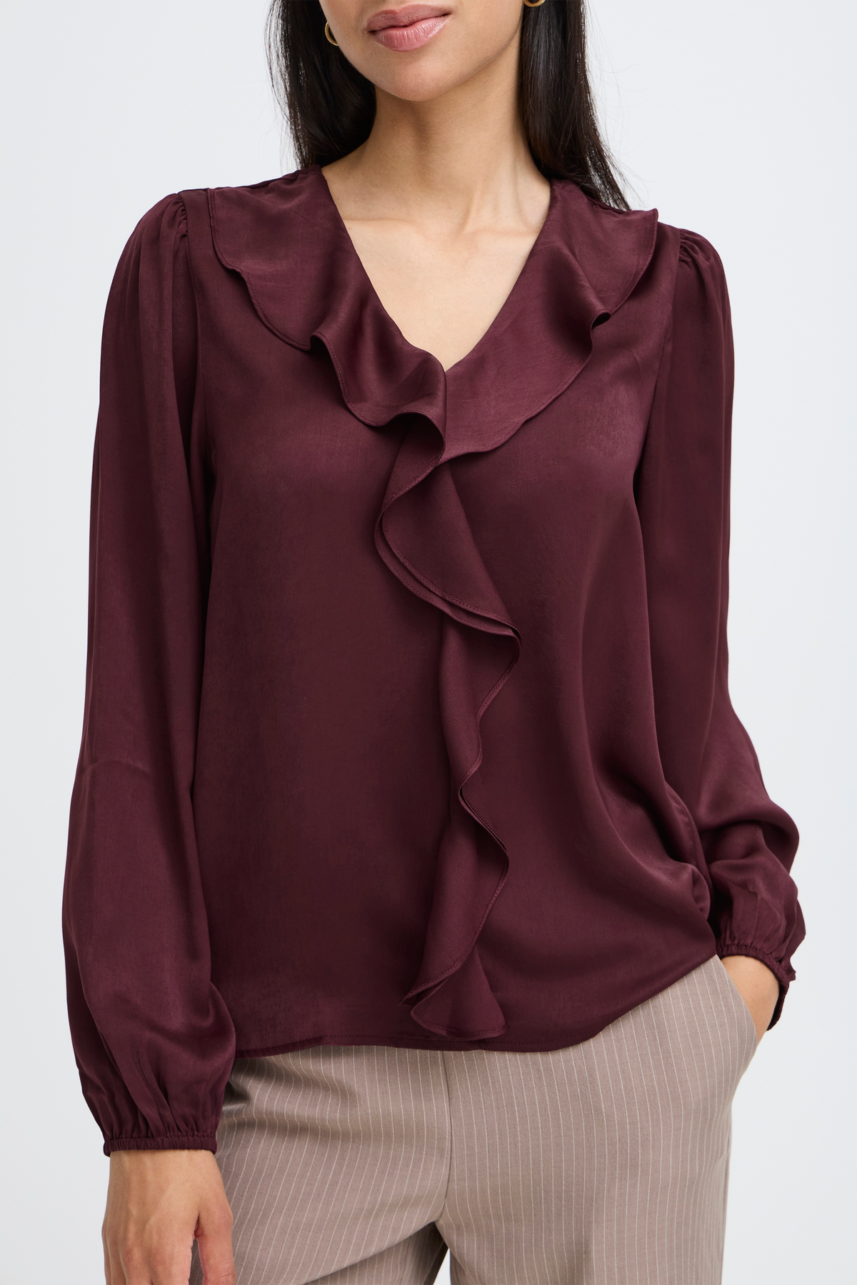 B.Young ByIgomi Port Royale Satin V-Neck Ruffle Blouse