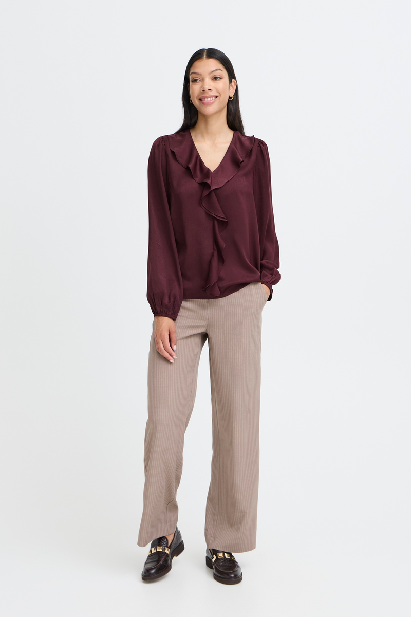 B.Young ByIgomi Port Royale Satin V-Neck Ruffle Blouse